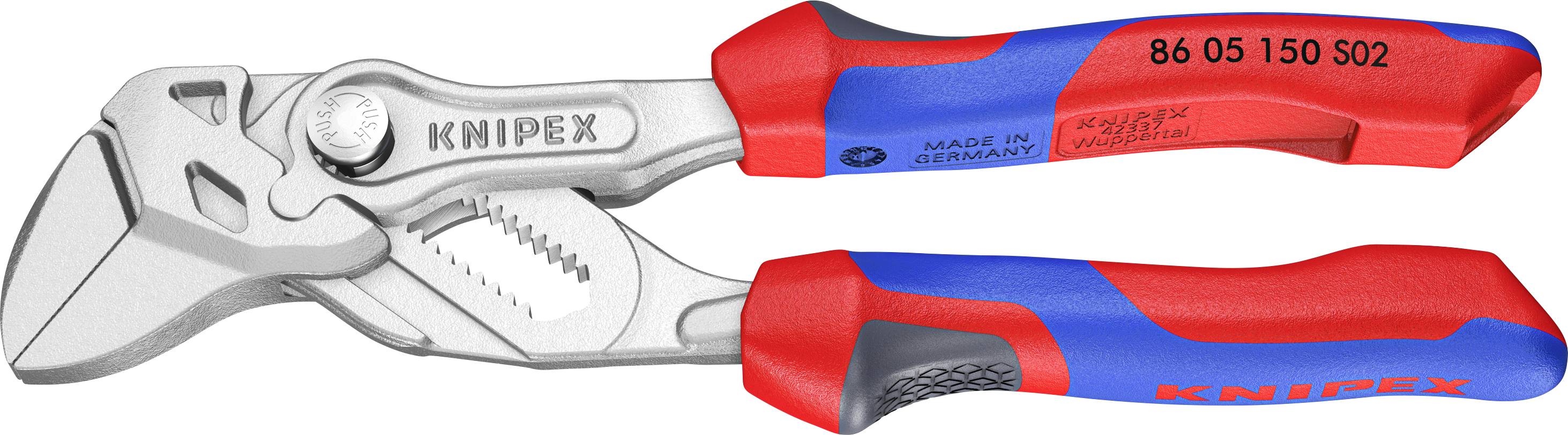 Szczypce Knipex wyprodukowane w Niemczech, z czerwonymi i niebieskim ergonomicznym uchwytem, z srebrną metalową szczęką zaprojektowaną do chwytania i cięcia.