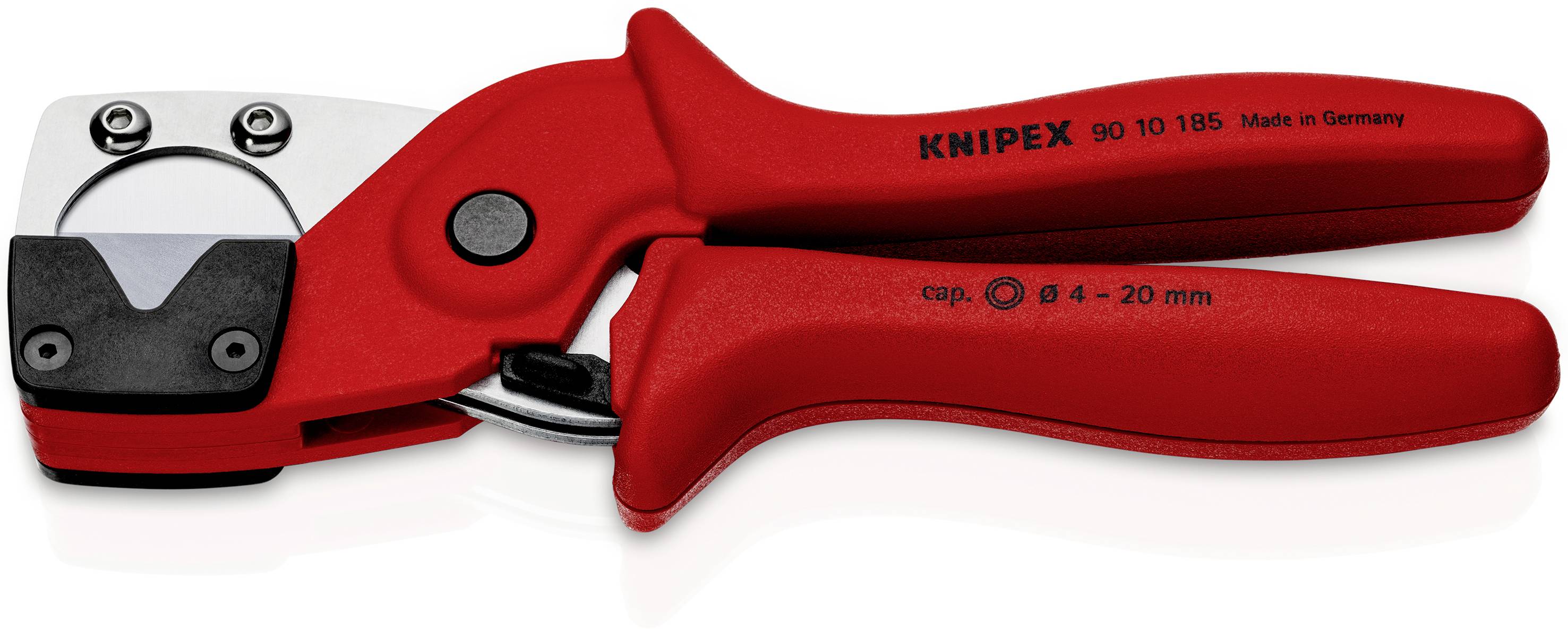 Czerwone nożyce do kabli z napisem 'KNIPEX', odpowiednie dla kabli o średnicy od 4 do 20 mm. Wyprodukowane w Niemczech.