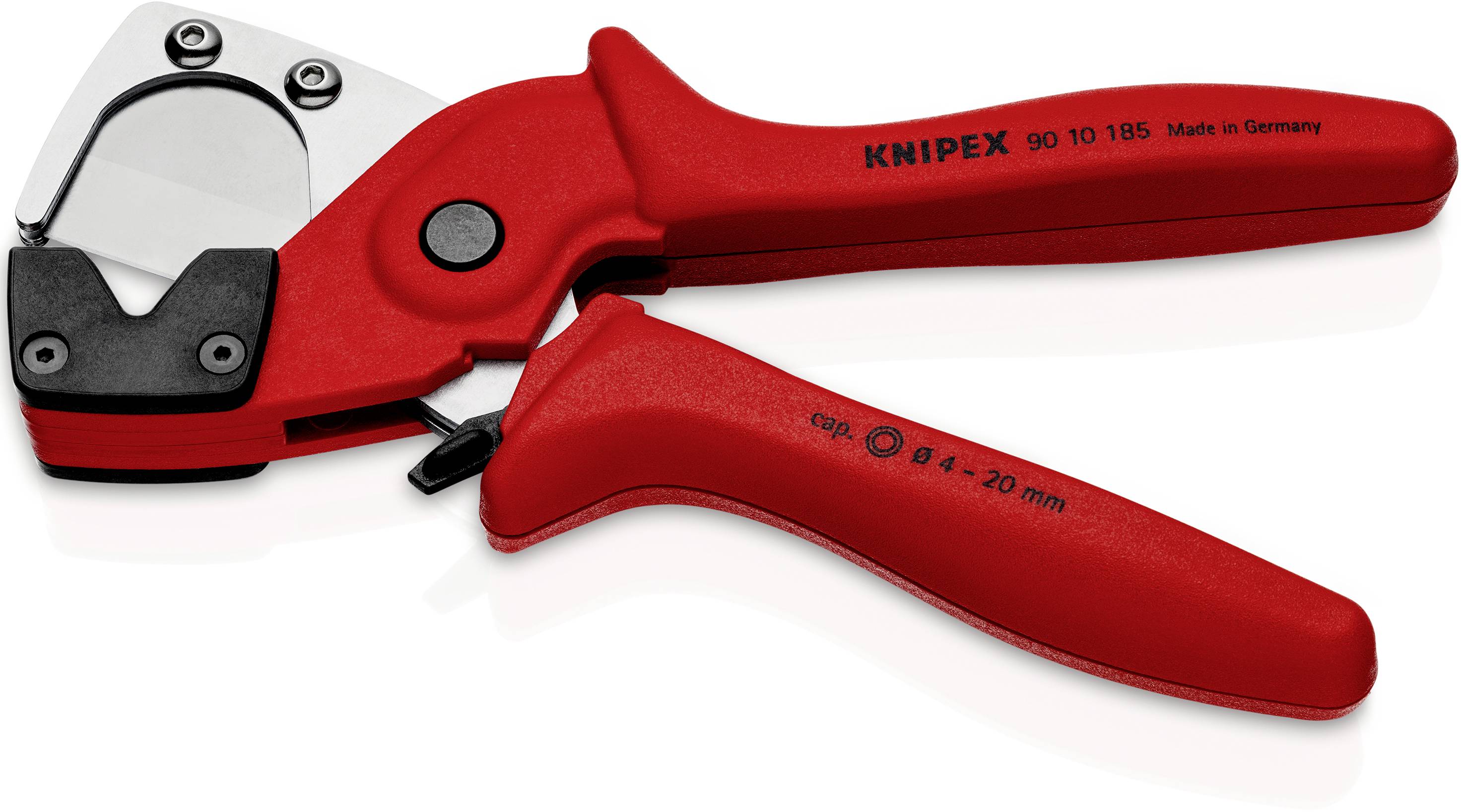 Czerwone nożyce do cięcia kabli ze stali, z ergonomicznym uchwytem, oznaczone napisem 'Knipex 90 10 185'. Odpowiednie do cięcia kabli o grubości do 20 mm.