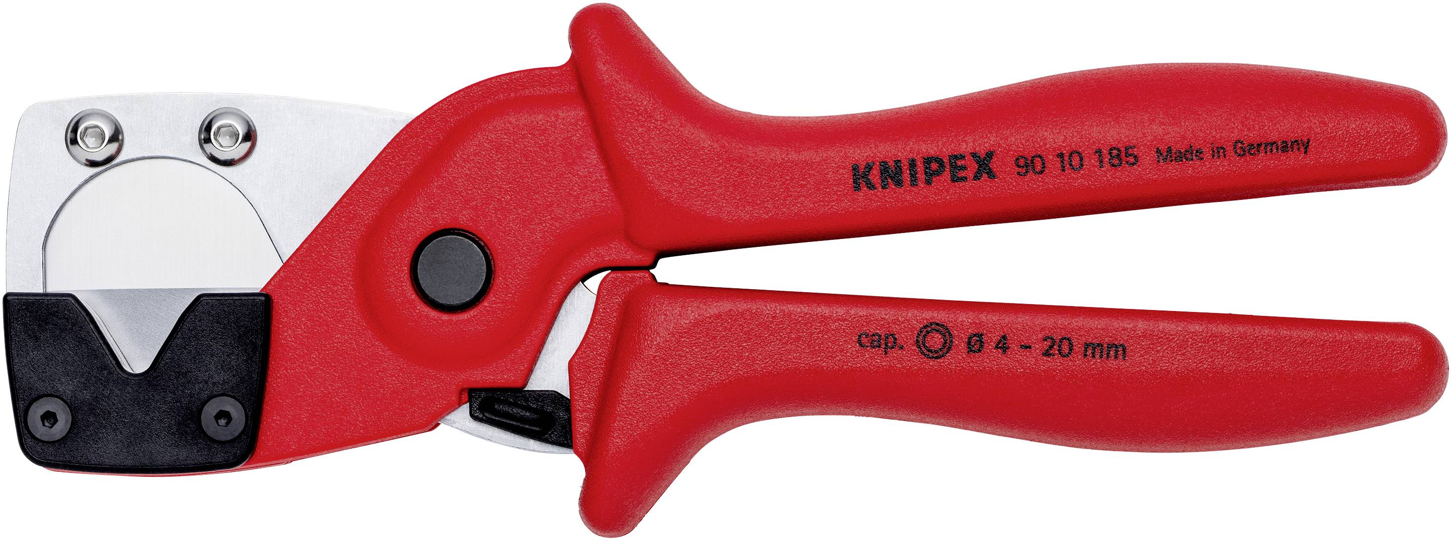 Czerwone szczypce do cięcia kabli z nadrukiem 'KNIPEX', odpowiednie do przewodów o średnicy od 6 do 20 mm, wyprodukowane w Niemczech.