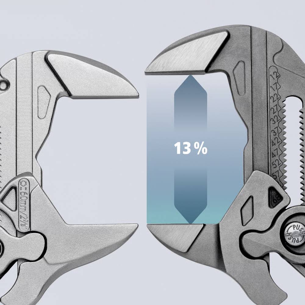 Wielofunkcyjne narzędzie w pozycji otwartej, obok grafiki z rosnącym niebieskim słupkiem i tekstem „13%", symbolizuje wzrost pomiarów lub umiejętności.
