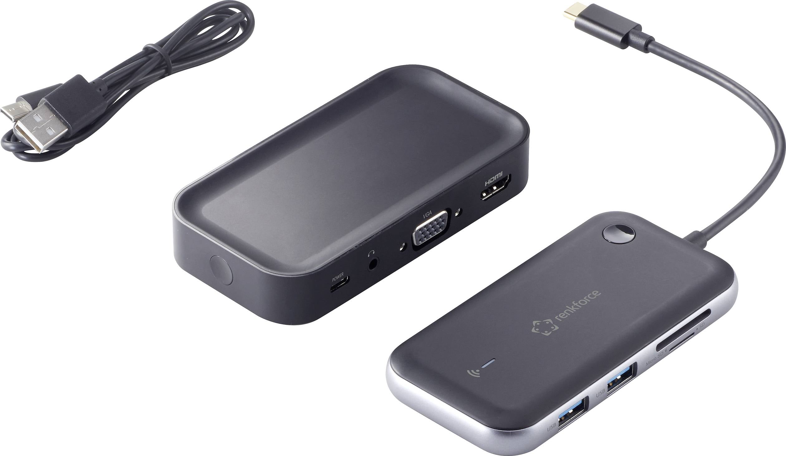 Czarna stacja dokująca z wieloma portami, w tym HDMI, USB-C, VGA i portami USB. Obok leży kabel USB.