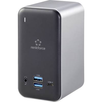 Czarno-srebrna stacja dokująca renkforce z dwoma złączami USB i jednym złączem USB-C z przodu, obok której znajduje się gniazdo słuchawek.