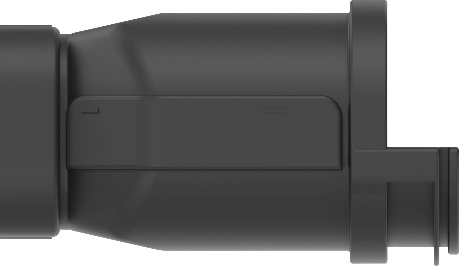 Czarny, mechaniczny element w kształcie cylindra z dwoma bocznymi zamknięciami, prawdopodobnie będący częścią urządzenia technicznego.