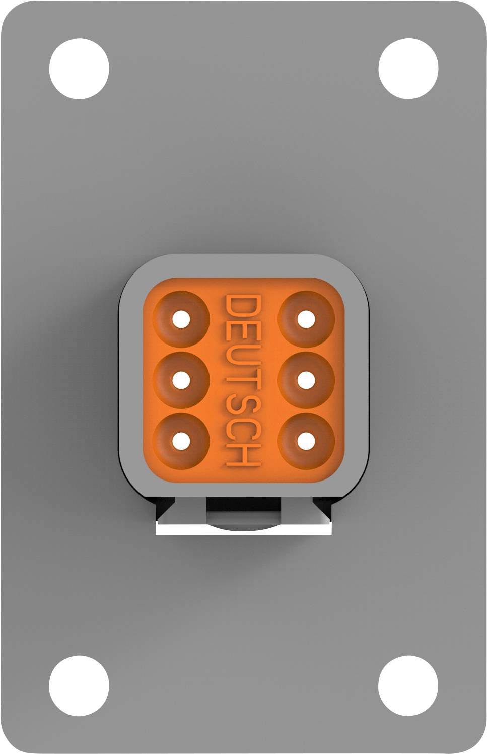 Szary, prostokątny wtyk z rzucającym się w oczy, pomarańczowym sześciokątnym gniazdem, z napisem 'DEUTSCH' na nim.