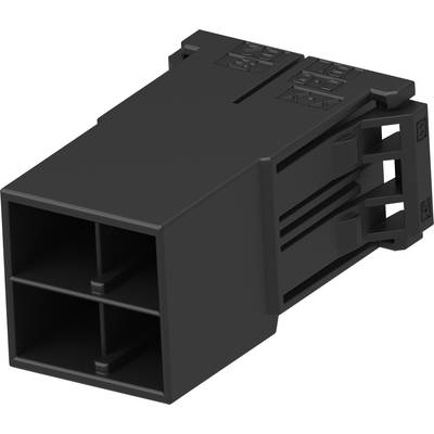 Czarny wtyk z tworzywa sztucznego o czterech komorach z bocznymi zatrzaskami mocującymi, stosowany do połączeń elektrycznych w urządzeniach.