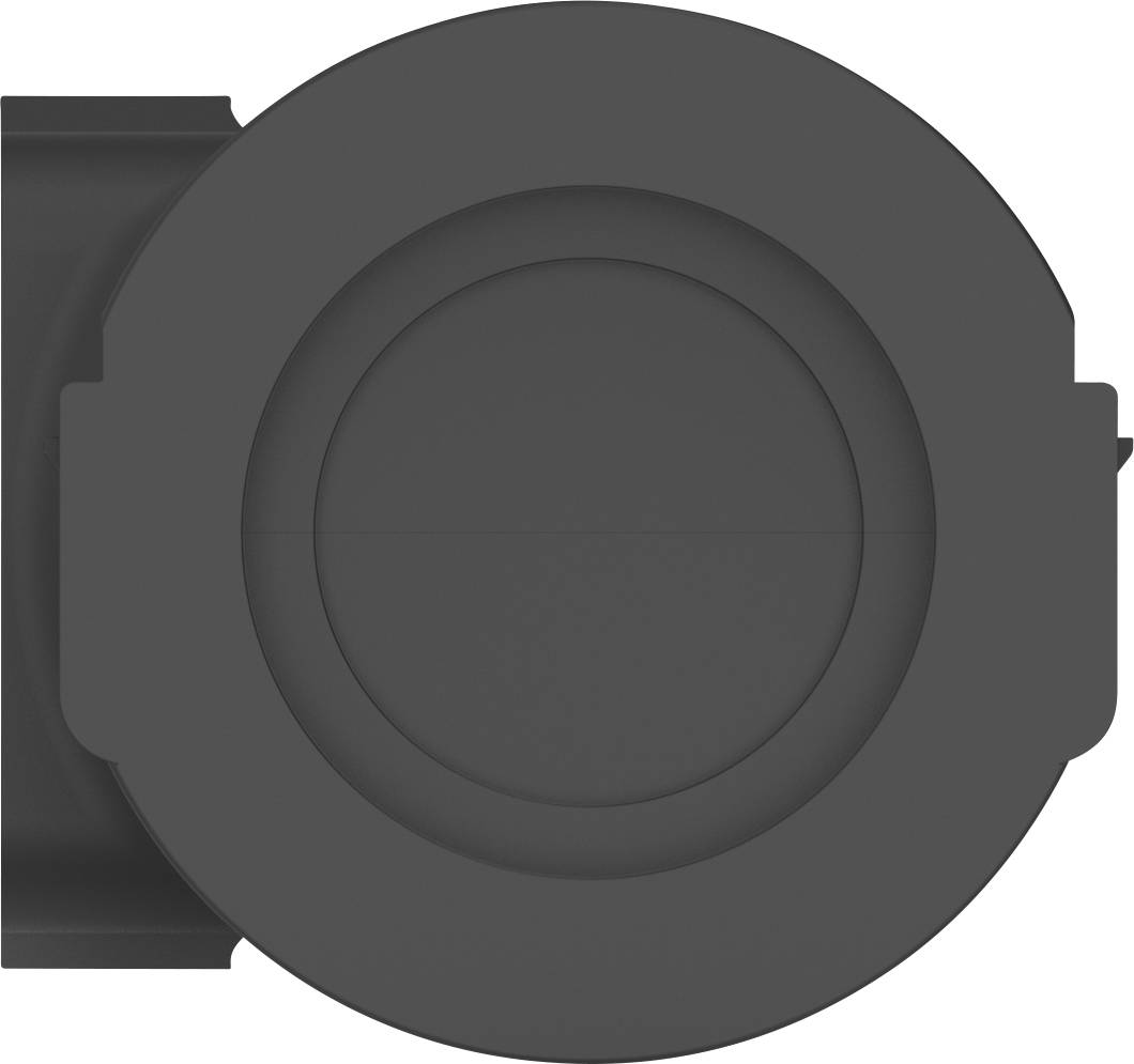 Okrągły, ciemnoszary przedmiot z płaskim, wystającym brzegiem po lewej stronie.