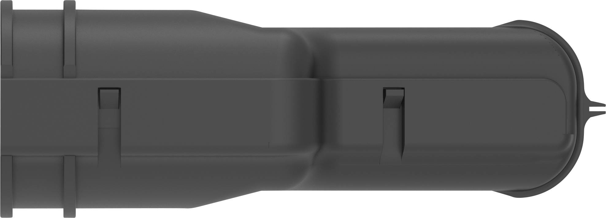 Podłużna, czarna obudowa z zaokrąglonymi narożnikami i klamrami.