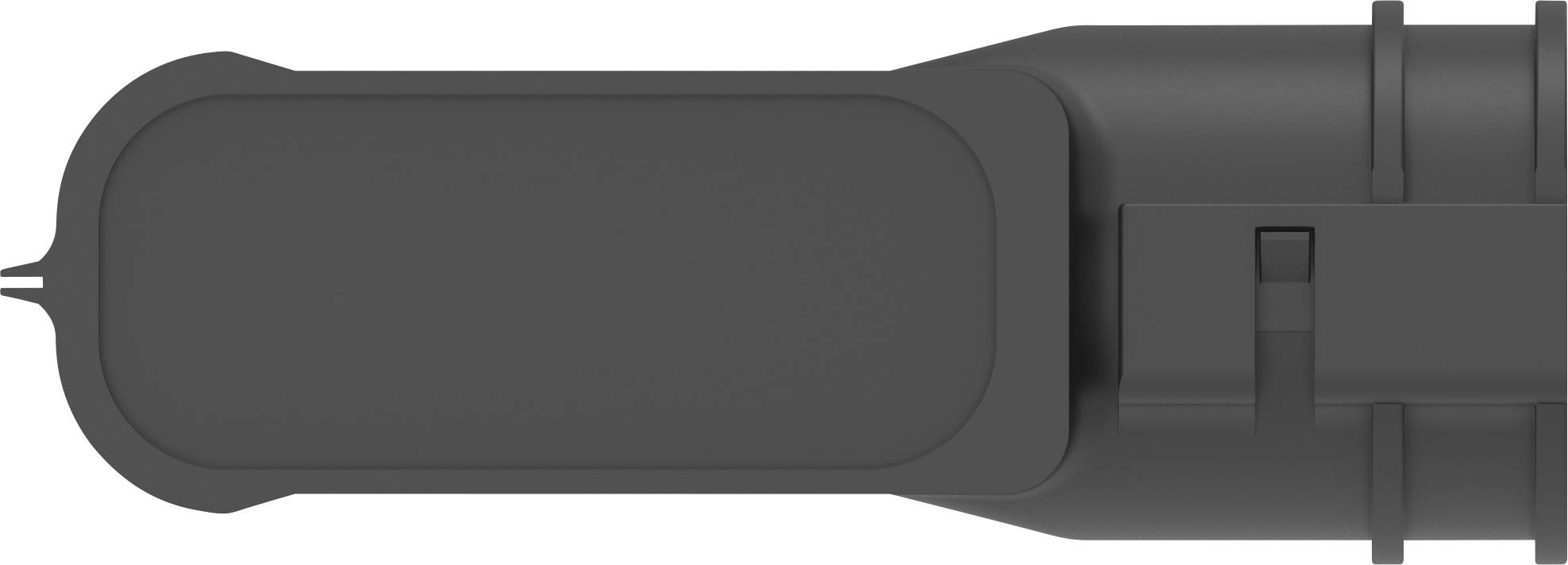 Czarny, podłużny przyrząd o zakrzywionym końcu i centralnym szczelinie, prawdopodobnie element techniczny.