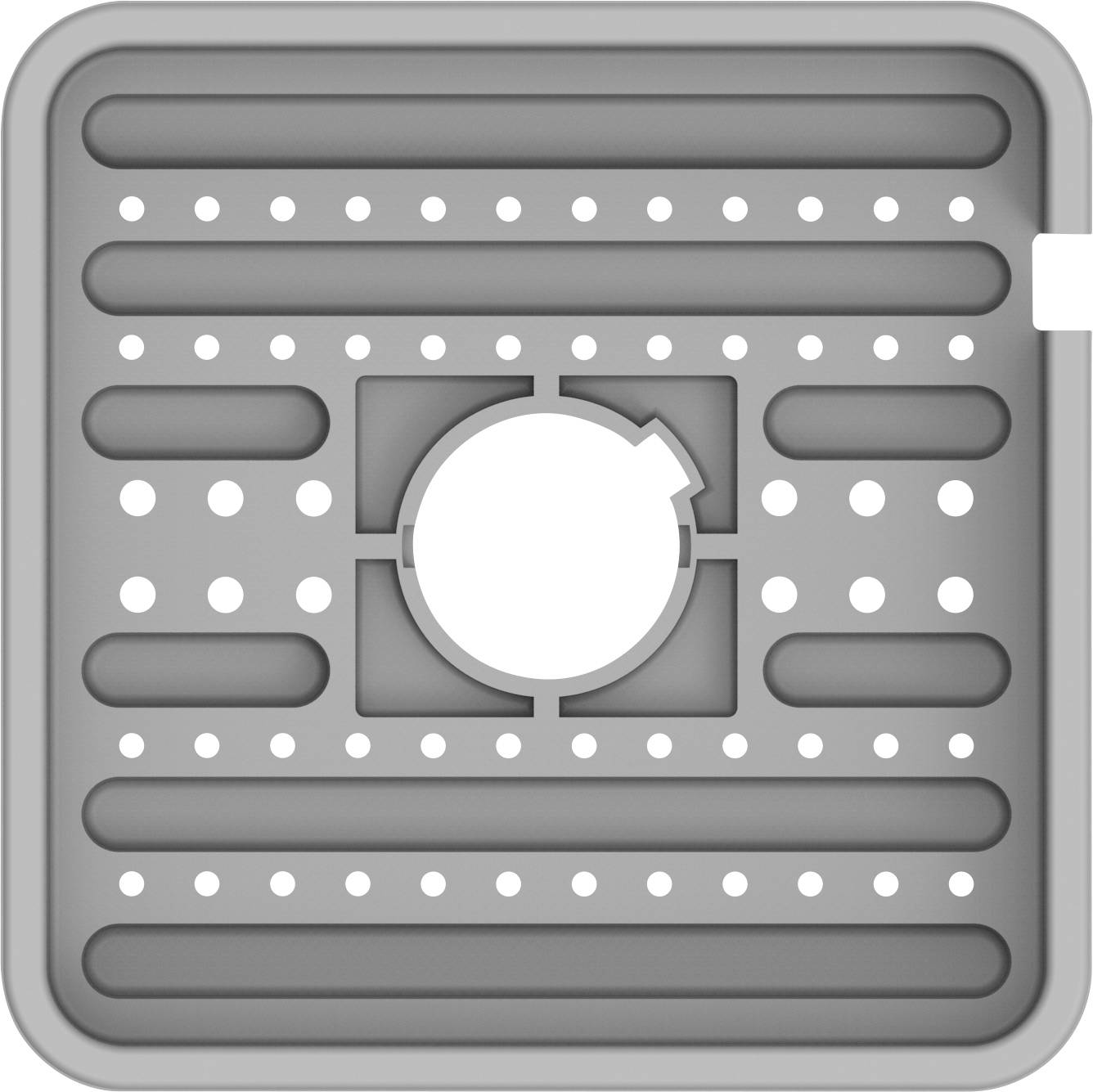 Szary pokrywa odpływu z centralnym, okrągłym otworem i symetrycznymi poprzecznymi szczerbinami. Odpowiednia do odwadniania podłoża.