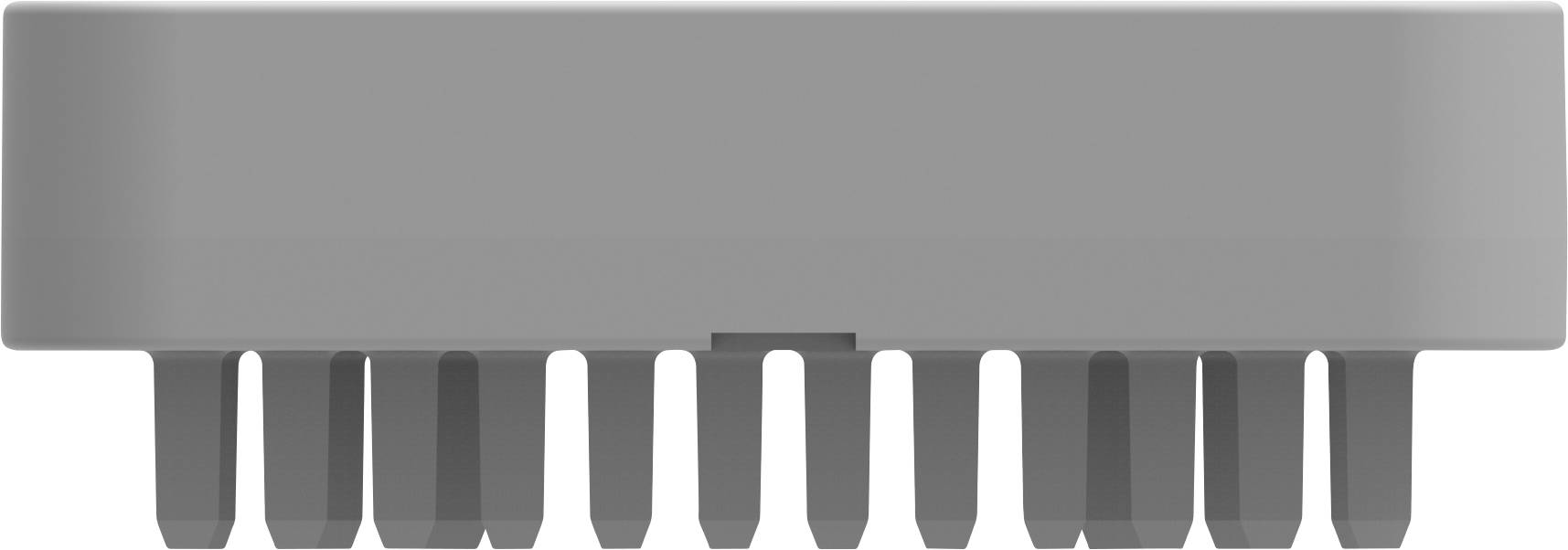 Szary, prostokątny obiekt z wieloma równomiernie rozmieszczonymi pinami od spodu.