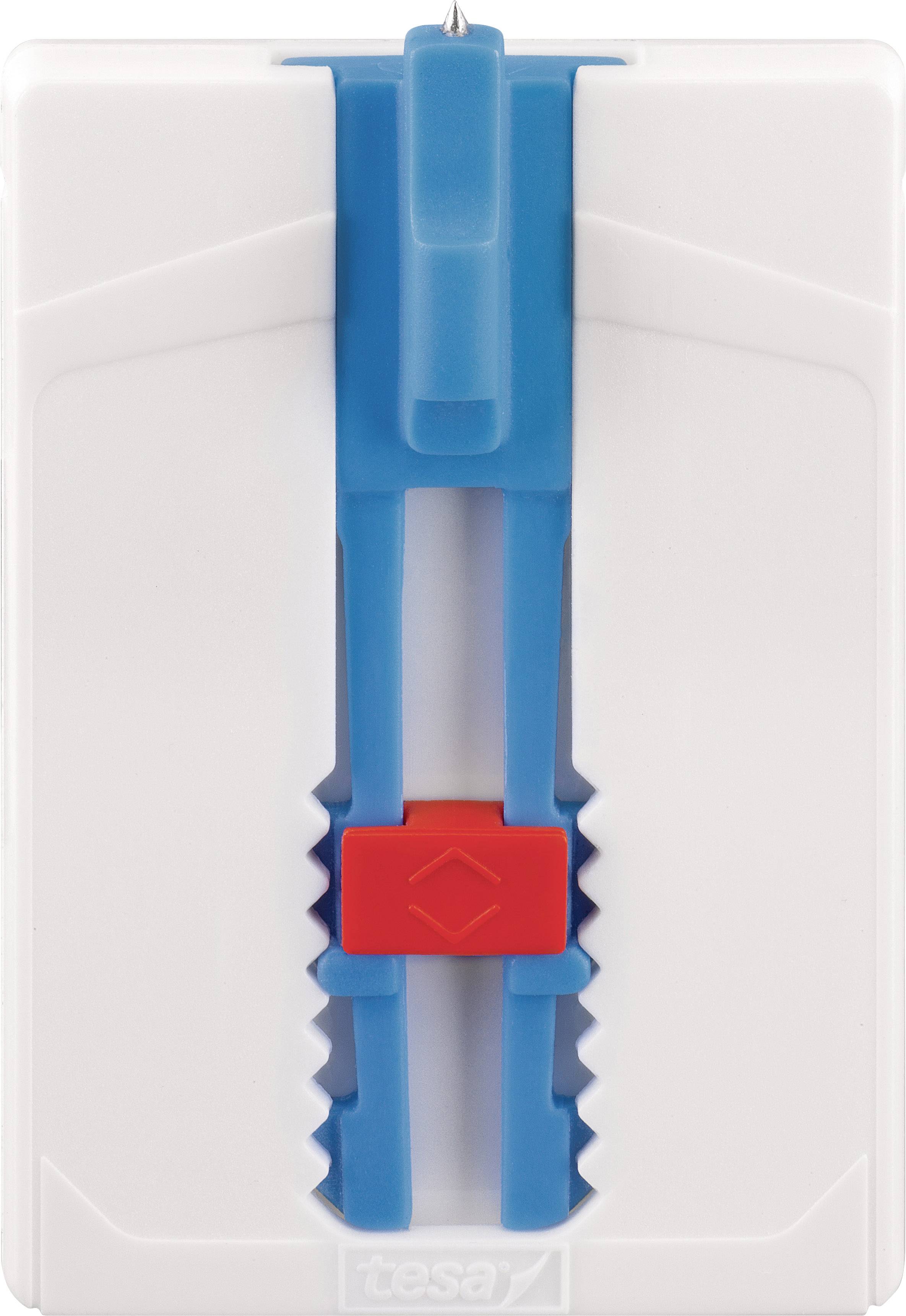 Biały haczyk klejący Tesa z niebieskim uchwytem i czerwonym zamknięciem do bezpiecznego zawieszania przedmiotów na ścianach.