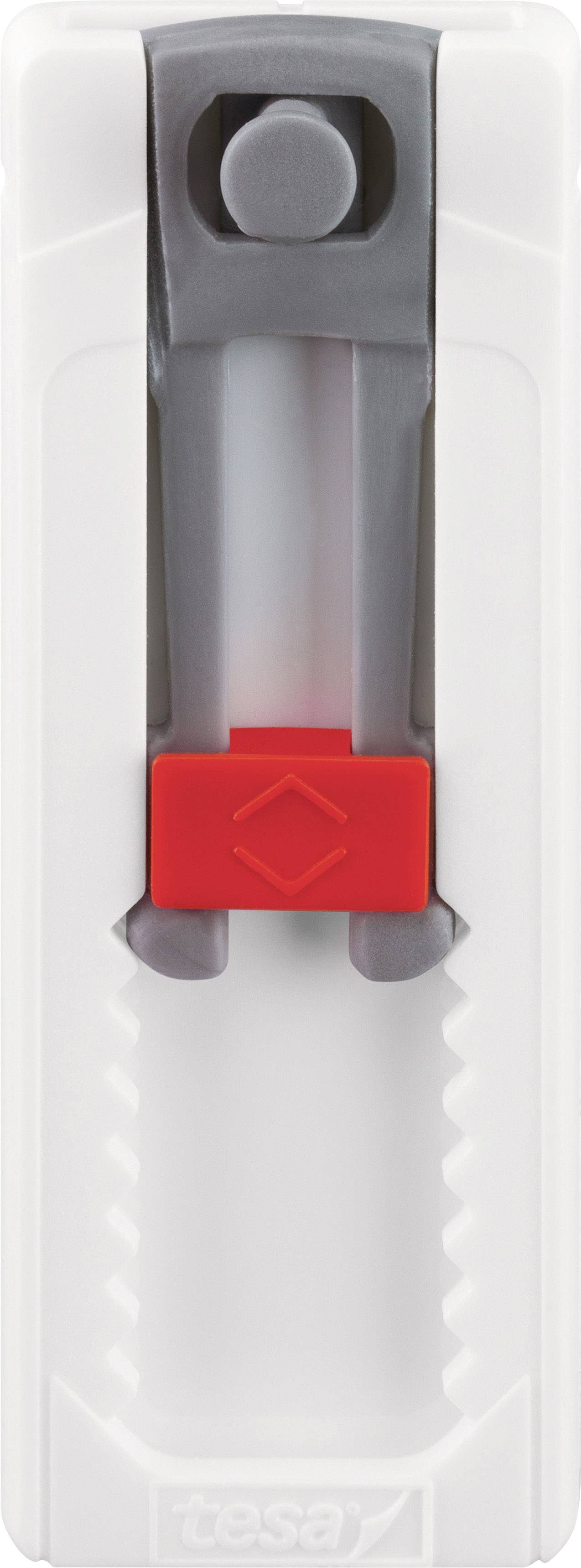 Biała plastikowa urządzenie z szarą dźwignią i czerwonym przyciskiem zamykającym, prawdopodobnie zabezpieczenie lub uchwyt ścienny.