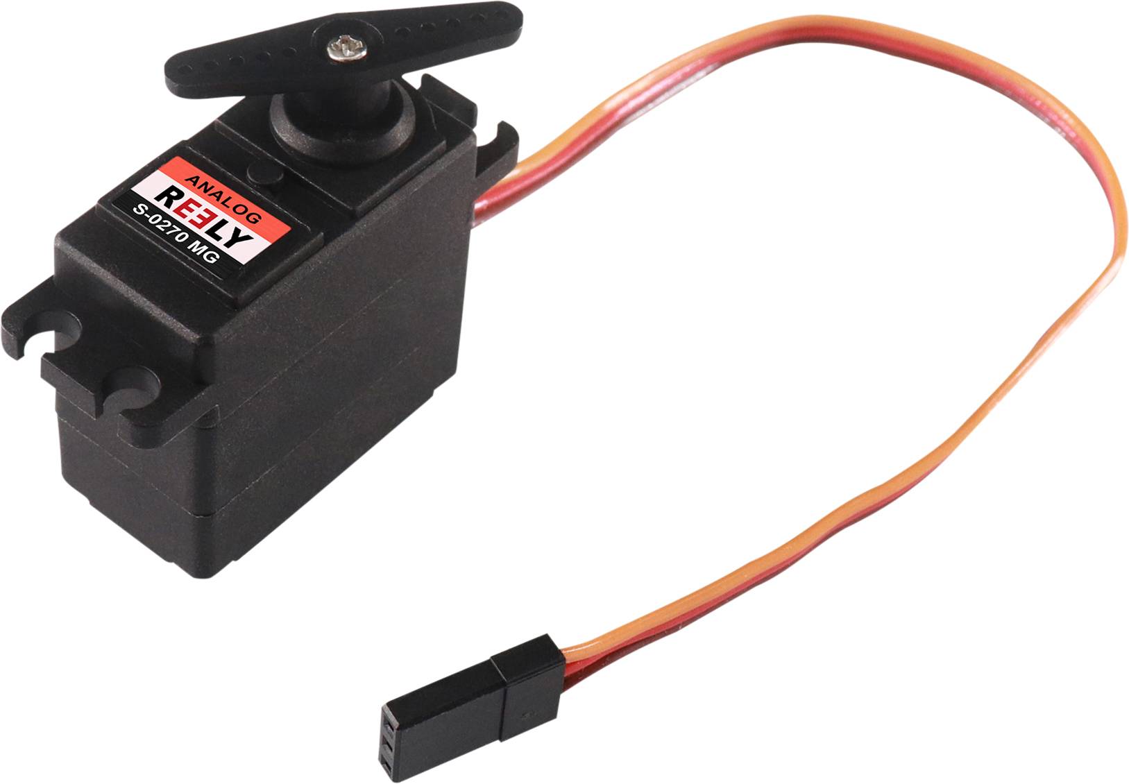 Czarny analogowy serwomechanizm z napisem "RELY" i numerem modelu. Posiada kształt litery T zębatki na górze oraz kolorowy kabel przyłączeniowy.