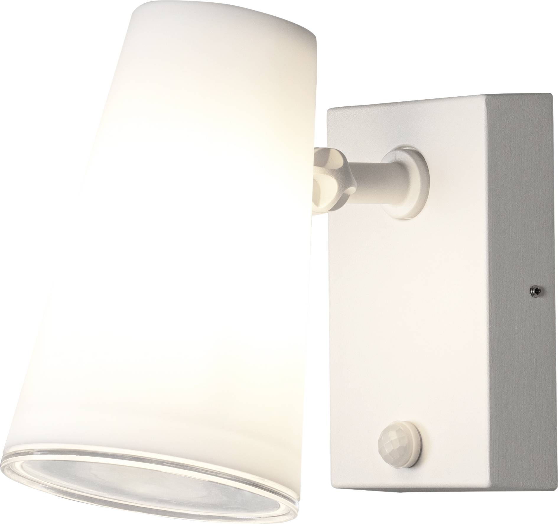Biała lampa ścienna z cylindrycznym kloszem, świecąca w dół.