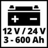 Symbol baterii z oznaczeniami Plus i Minus, poniżej tekst: 12 V / 24 V, 3 - 600 Ah.