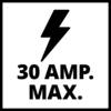 Błyskawica nad tekstem: 30 AMP. MAKS. Ostrzega przed maksymalnym natężeniem prądu elektrycznego wynoszącym 30 amperów.