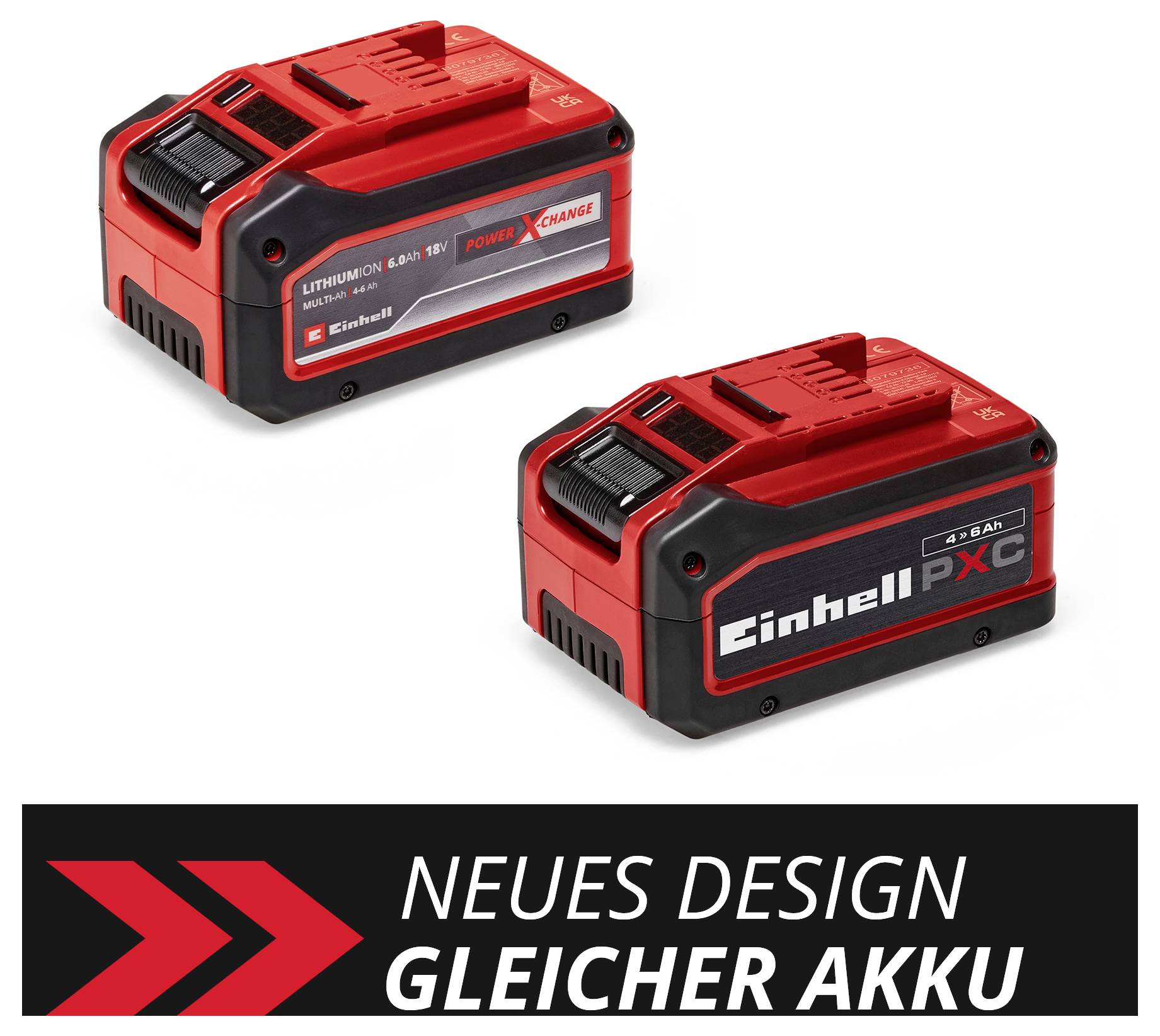 Dwie czerwone akumulatory litowo-jonowe, jeden z logiem "Power X-Change". Tekst poniżej: "Nowy design, ten sam akumulator".