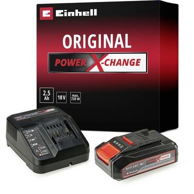 Cztery akumulatory Einhell w kolorze czarnym i czerwonym leżące obok siebie. Dwa modele 'Power X-Change' i dwa z technologią 'Litowo-jonowa'.