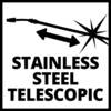 Regulowana, teleskopowa rura ze stali nierdzewnej. Tekst: 'Stal Nierdzewna Teleskopowa'. Strzałki wskazują na zdolność adaptacji.