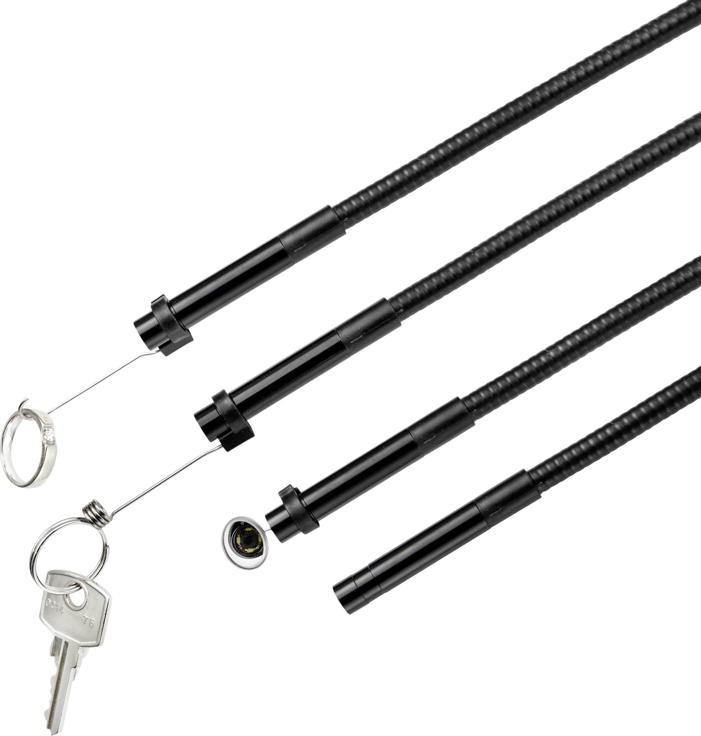 Trzy czarne zapięcia rowerowe z linką i pojedynczym metalowym pierścieniem. Jeden z zamków posiada klucz dla celów poglądowych.