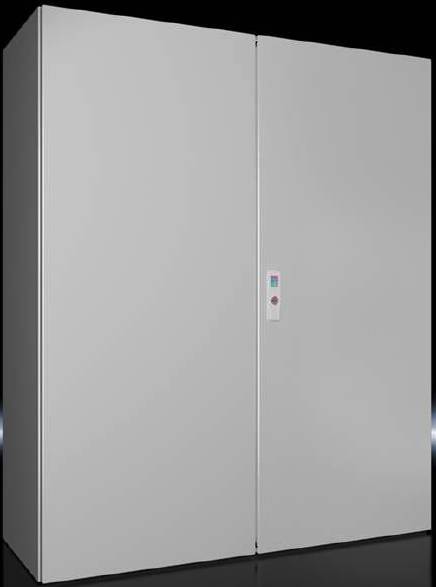 Szara, duża, zamknięta obudowa szafki z przyciskiem pośrodku; solidna konstrukcja do zastosowań przemysłowych lub technicznych.