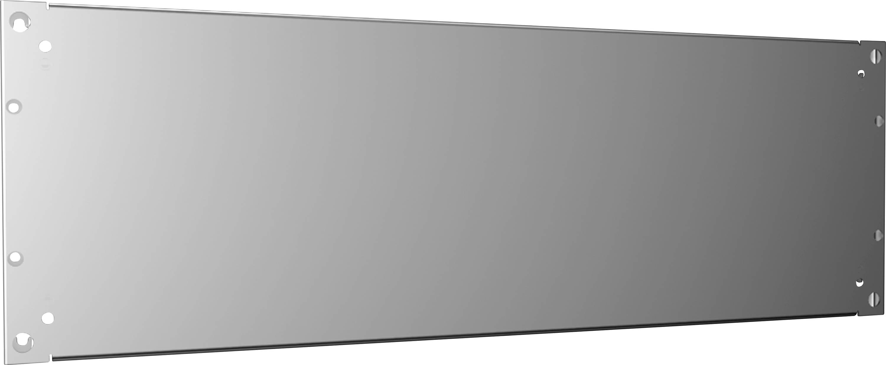 Szare, metaliczne ślepe panele do szafy rack z otworami montażowymi na krawędziach, stosowane do zakrywania niewykorzystanych miejsc w szafach teleinformatycznych.