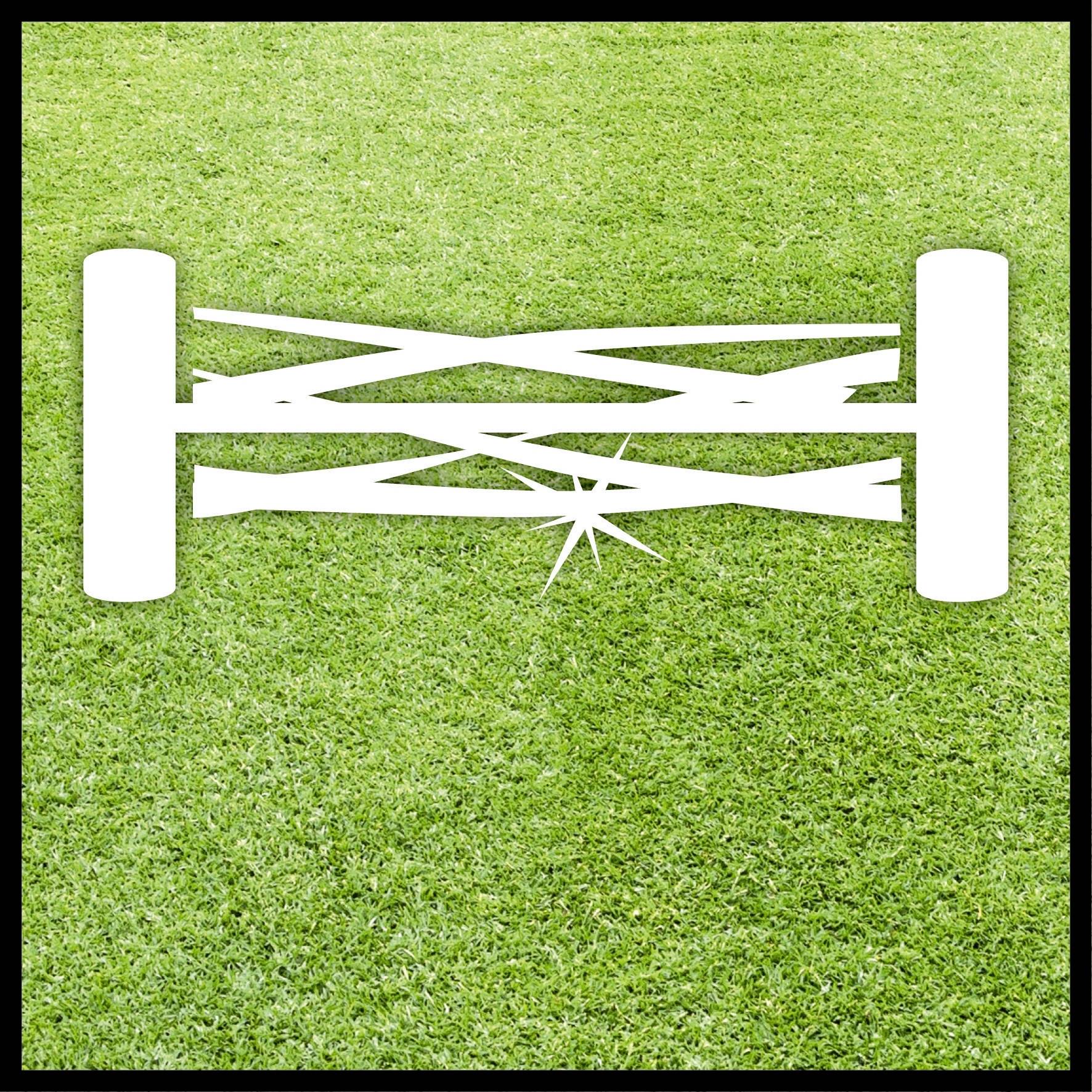 Symbol na zielonej trawie przedstawia dwa koła połączone skrzyżowanymi liniami z iskrą pośrodku, co obrazuje niestabilną oś.