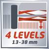Na srebrnym tle widnieje czerwony napis '4 poziomy 13-38 mm', który graficznie przedstawia słupek oraz strzałki sugerujące regulację wysokości.