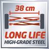38 cm STAL DŁUGOWIECZNA WYSOKOGATUNKOWA w czerwonym napisie na srebrnym tle. Prezentacja wytrzymałego wzornictwa stalowego.