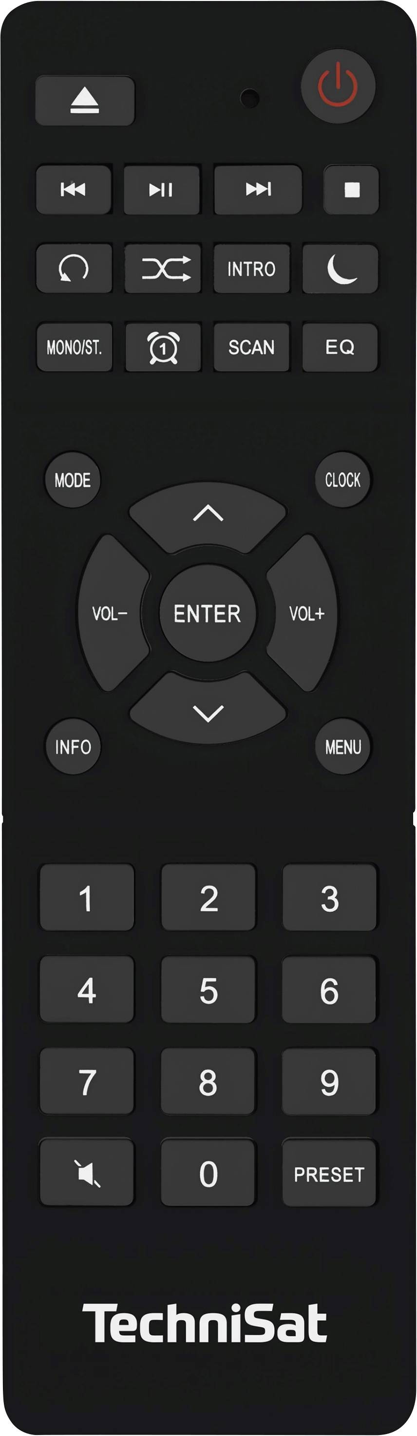 Czarna pilot zdalnego sterowania z przyciskami do regulacji głośności, zmiany kanałów i nawigacji w menu. Przycisk włączania/wyłączania umieszczony w prawym górnym rogu. Na dole logo 'TechniSat'.