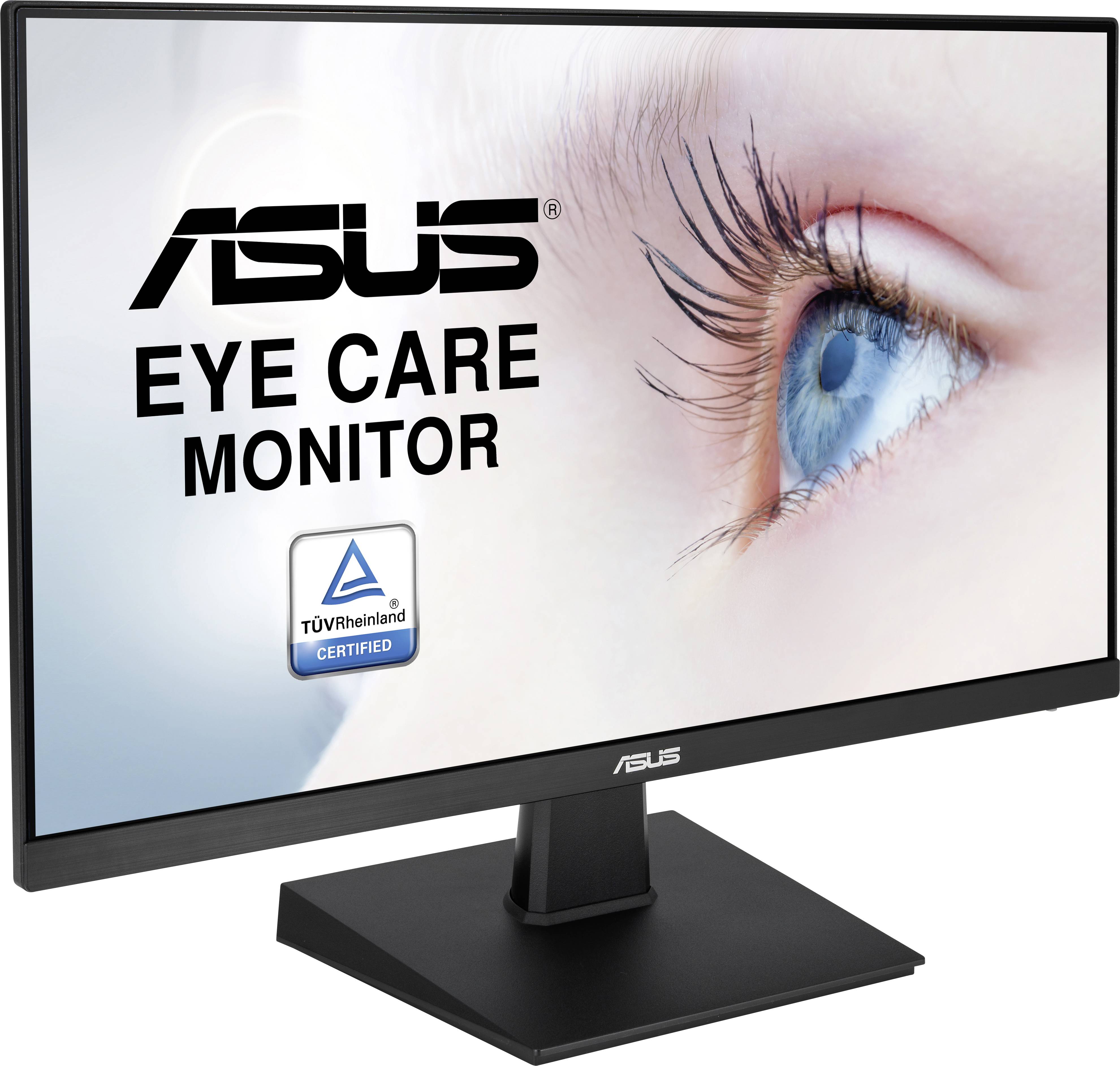 Monitor ASUS z napisem 'EYE CARE MONITOR', przedstawiający zbliżenie ludzkiego oka, certyfikowany przez TÜV.