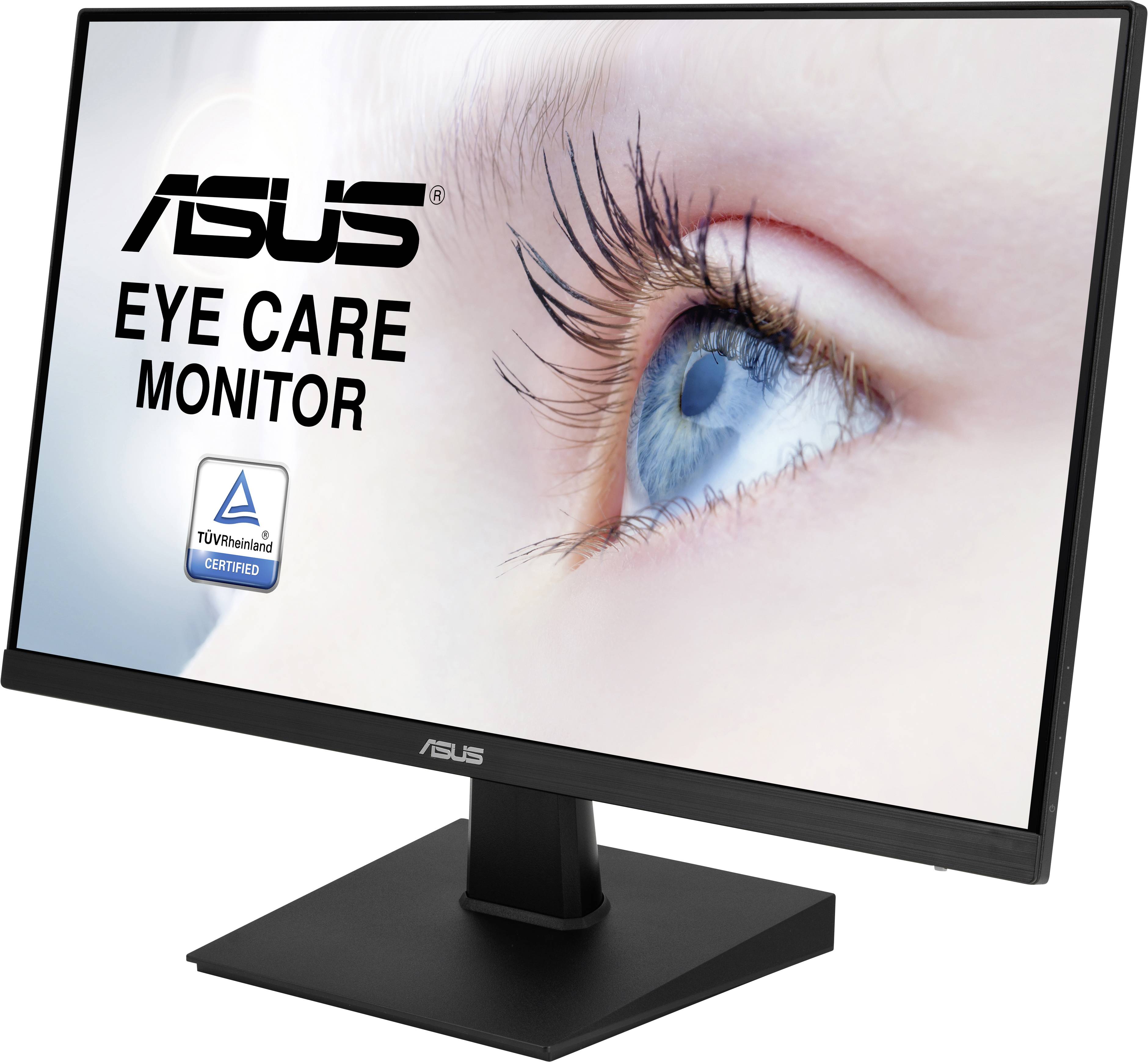 Monitor ASUS z napisem 'Monitor Dbający o Wzrok' i 'Certyfikat TÜV Rheinland', przedstawiający zbliżenie szczegółów oka.