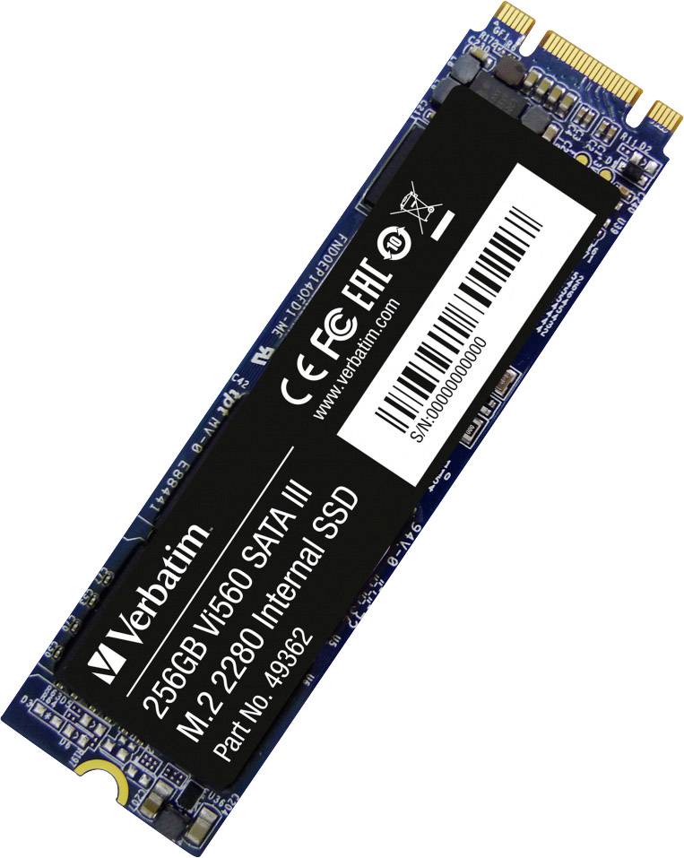 Dysk SSD do komputera, Verbatim 256GB Vi560 SATA III, M.2 2280. Zawiera kod kreskowy i oznaczenie CE.