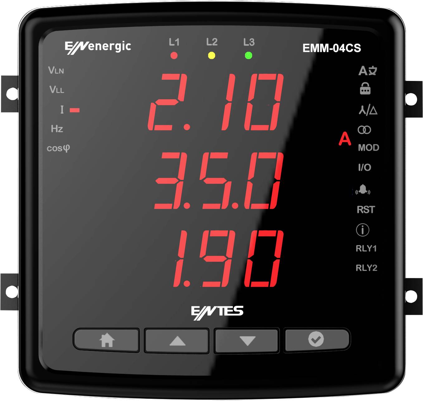 Cyfrowy miernik wyświetla trzy wartości napięcia: 2,10, 3,50, 1,90. Poniżej znajdują się przyciski do ustawień.