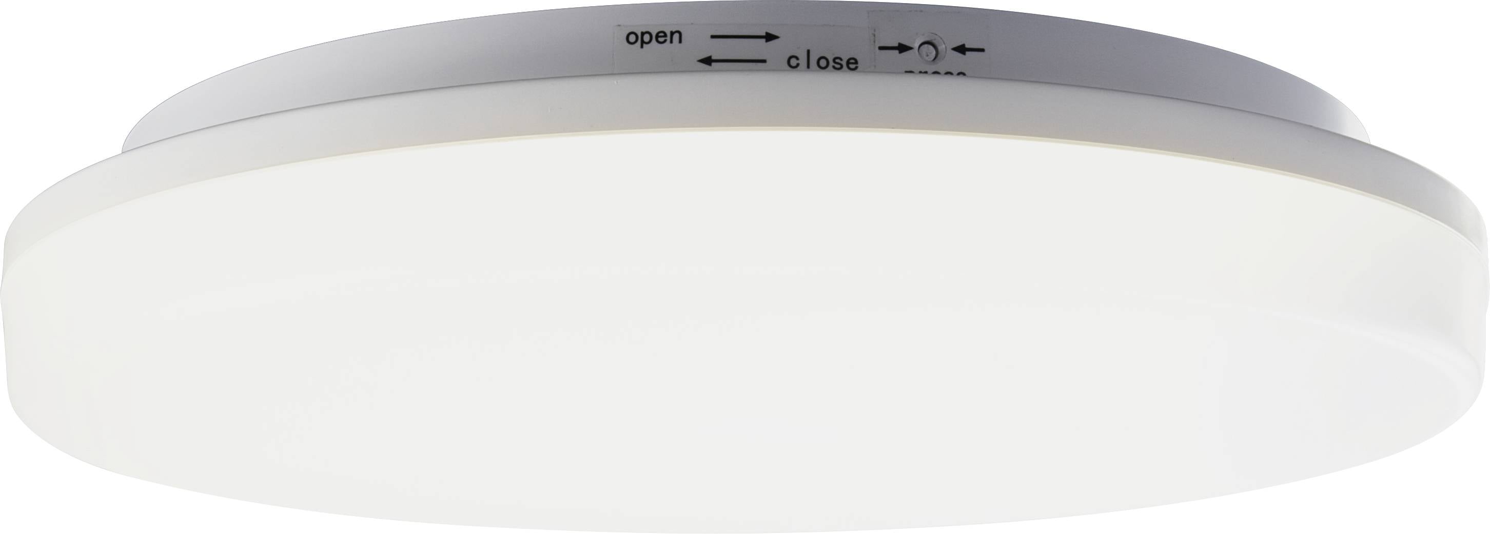 Okrągła, płaska lampa sufitowa z białym kloszem, z instrukcjami otwierania i zamykania na górnej powierzchni.
