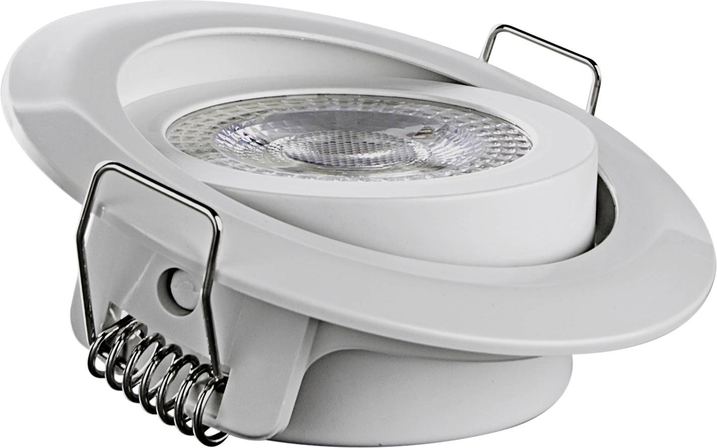 Okrągły, biały wpuszczany spot sufitowy LED z obrotową ramką i zaciskami montażowymi, przeznaczony do kierunkowego oświetlenia wnętrz.