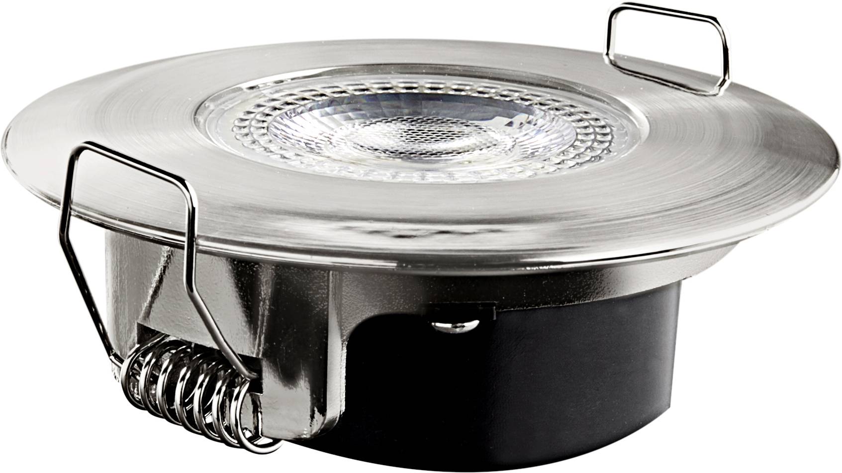 Srebrno-czarny okrągły wpust LED o błyszczącej powierzchni z zaciskami mocującymi po bokach.