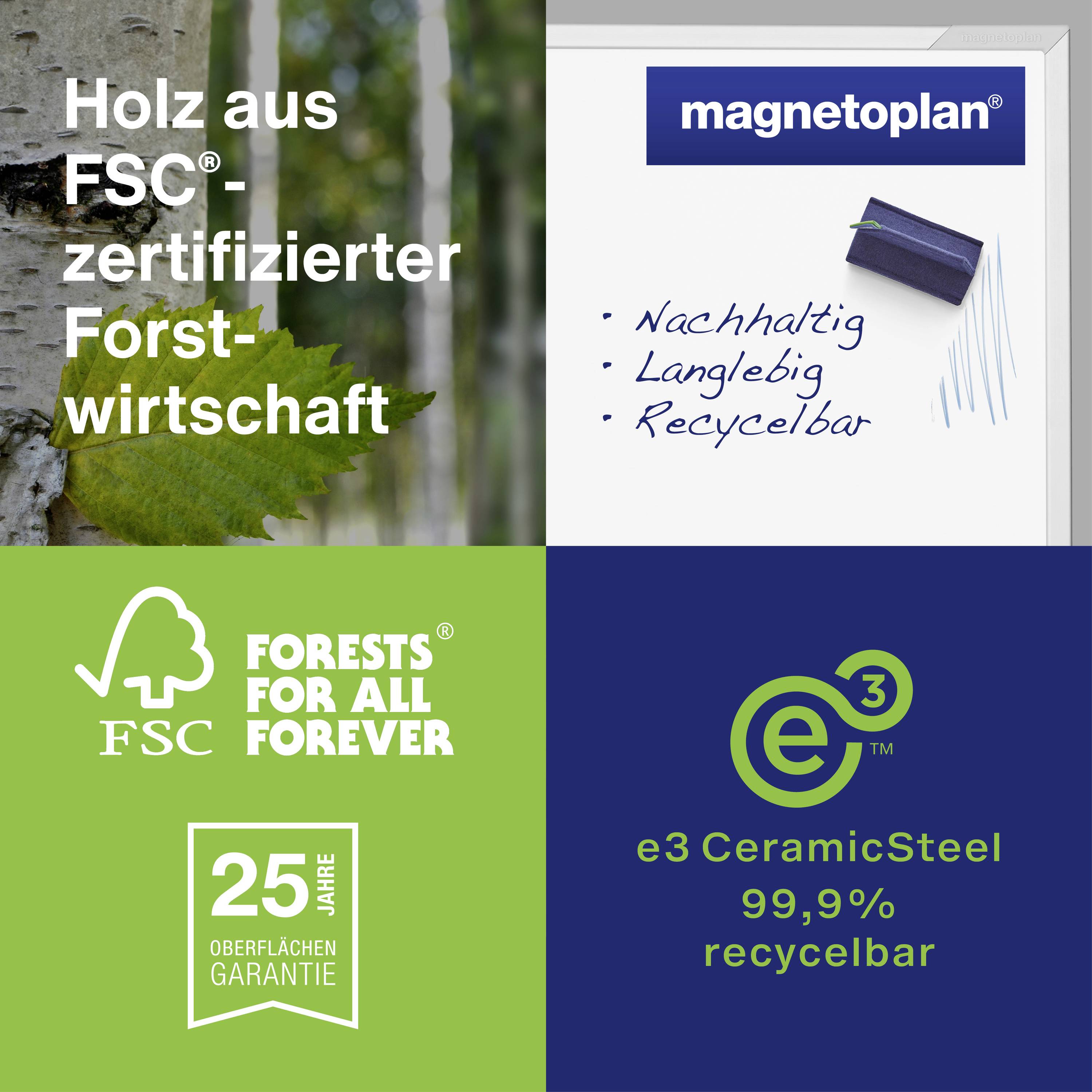 'Drewno z certyfikatem FSC® z zrównoważonego leśnictwa', 'zrównoważone, trwałe, nadające się do recyklingu', logo FSC, e3 CeramicSteel w 99% nadający się do recyklingu.
