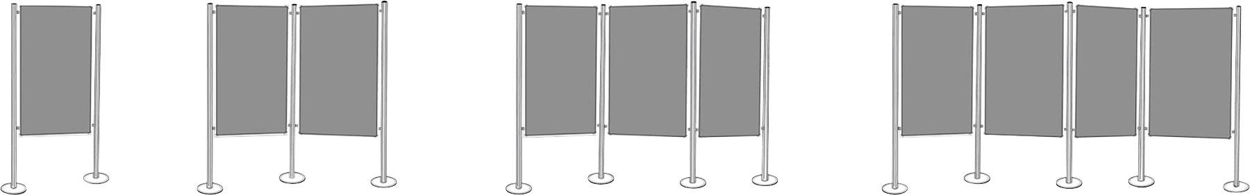 Kilka modułów osłon przeciwwiatrowych w różnych konfiguracjach, składających się z szarych paneli i podpierających je żerdzi.