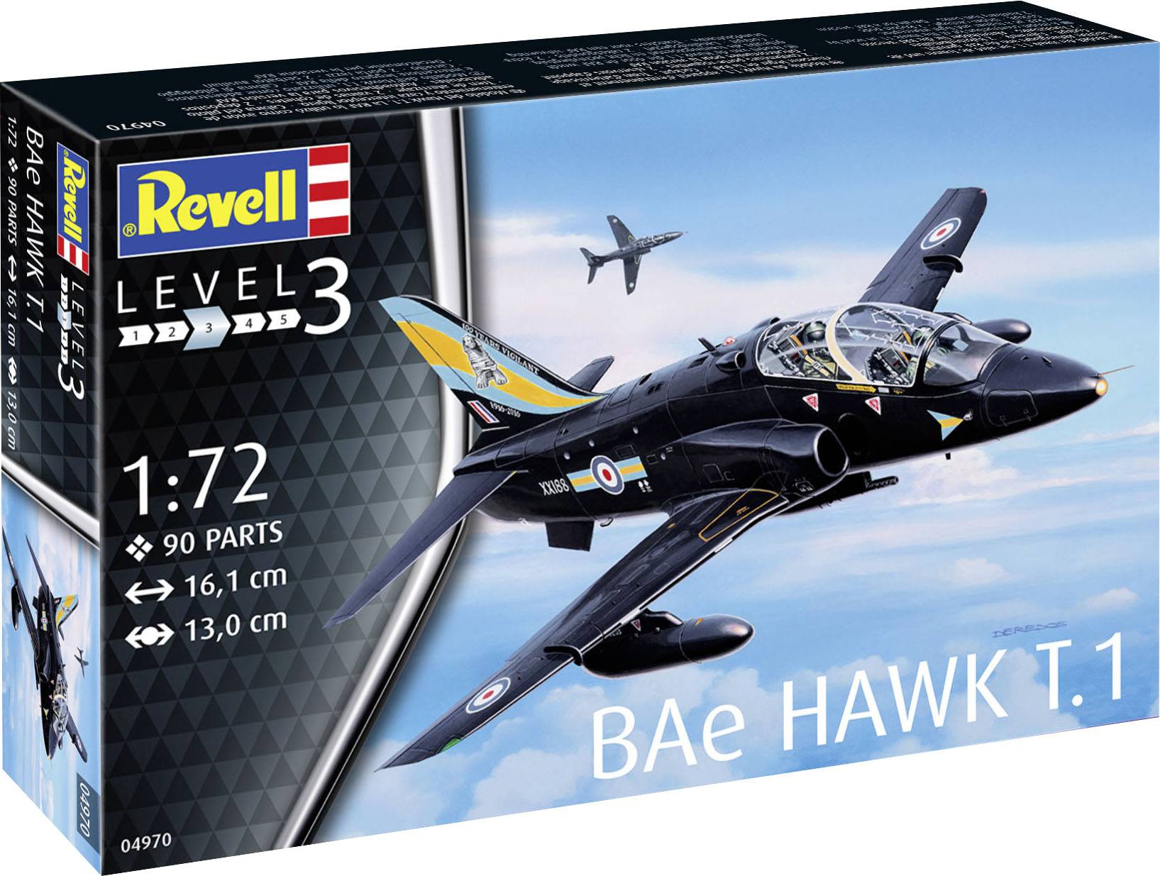 Zestaw modelarski Revell, poziom 3, BAE HAWK T.1, skala 1:72. Przedstawia dwa samoloty w powietrzu, opakowanie zawiera 90 elementów.
