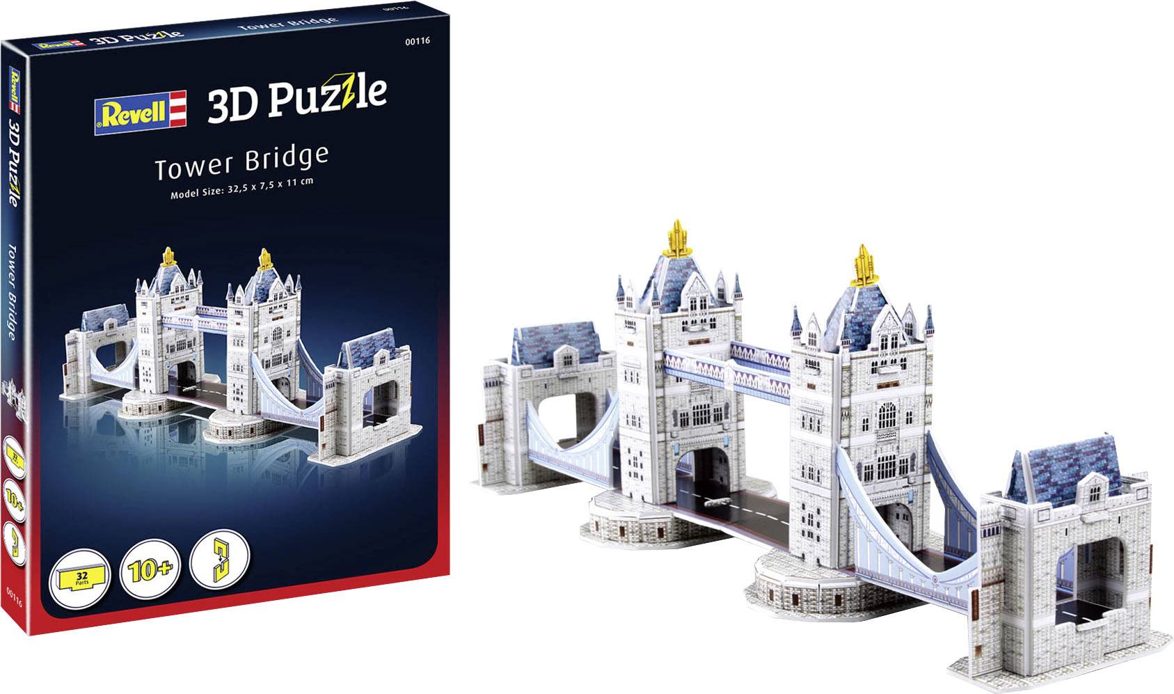 Puzzle 3D Revell Mostu Tower Bridge prezentuje ukończony model i opakowanie. Zalecane dla dzieci od 10 lat.