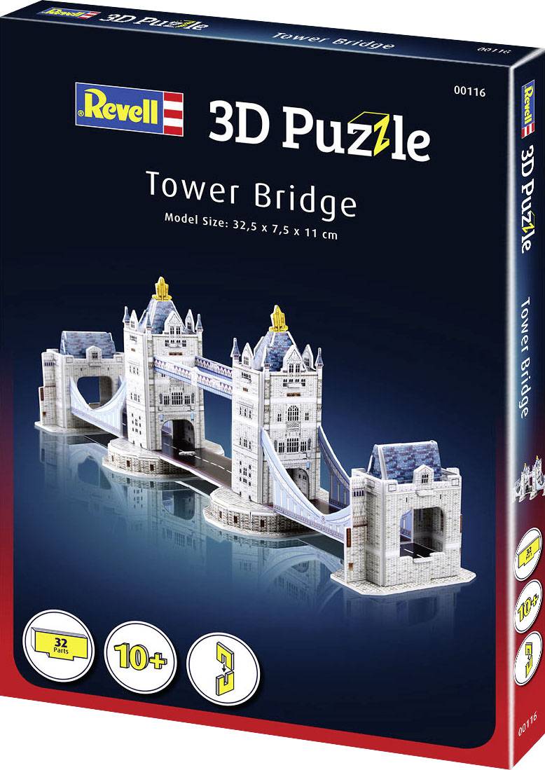 3D-puzzle Tower Bridge na opakowaniu, odpowiedni dla dzieci od 10 lat. Rozmiar modelu: 32,5 x 7,5 x 11 cm. Zawiera 32 elementy.