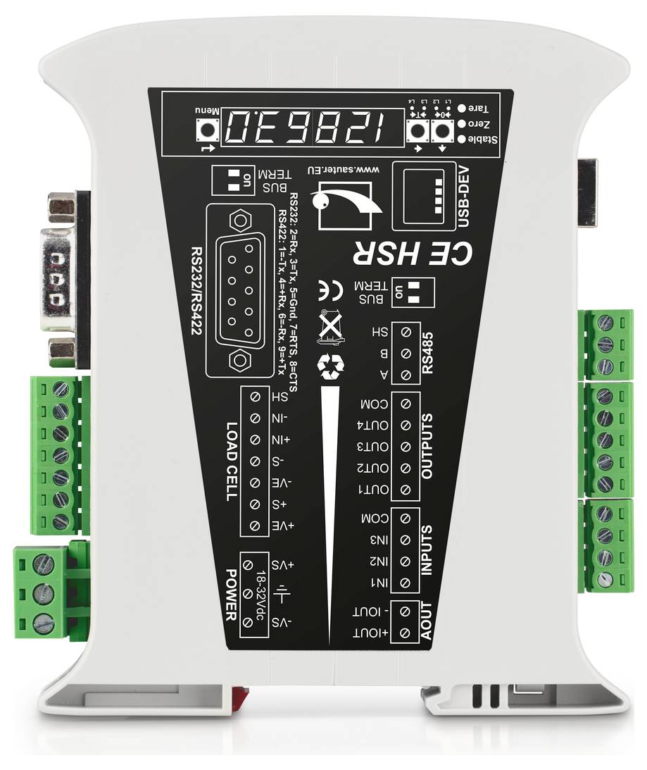 Elektroniczny przyrząd pomiarowy z wyświetlaczem, przyciskami i złączami. Wyświetla liczbę '128630'. Złącza RS232/RS485, do podłączenia czujników oraz zasilania.