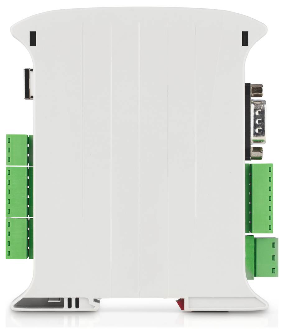 Białe, pionowo stojące urządzenie elektroniczne z zielonymi zaciskami przyłączeniowymi po obu stronach.