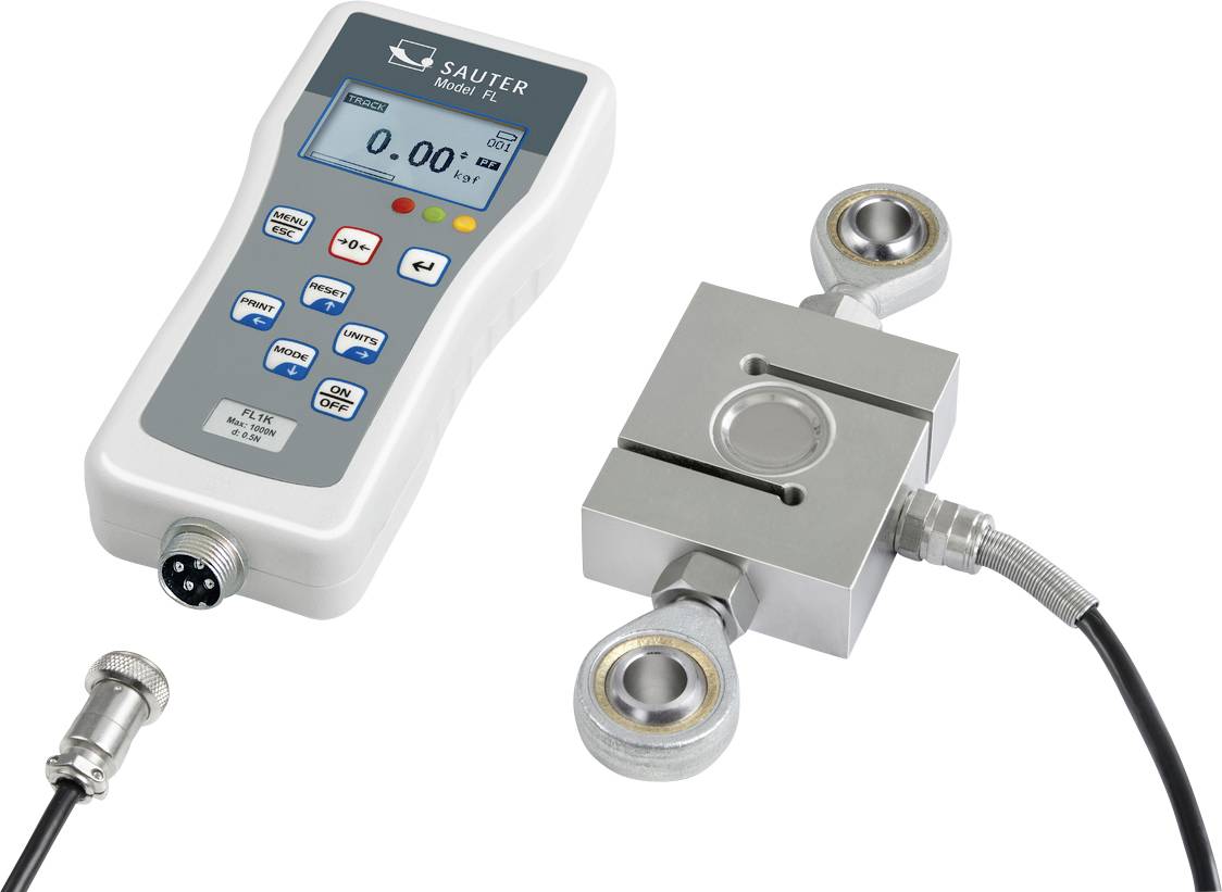 Cyfrowy miernik siły z czujnikiem, wyświetlacz wskazuje '0,00' niutona. Urządzenie posiada przyciski sterujące, połączone z prostokątnym blokiem sensorowym.