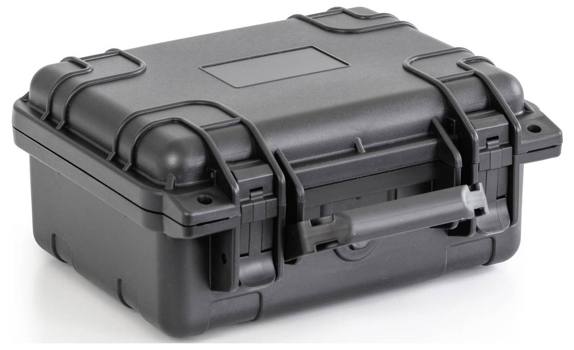 Czarny, wytrzymały futerał ochronny z tworzywa sztucznego z uchwytem i zamkami bezpieczeństwa. Idealny do transportu i przechowywania.