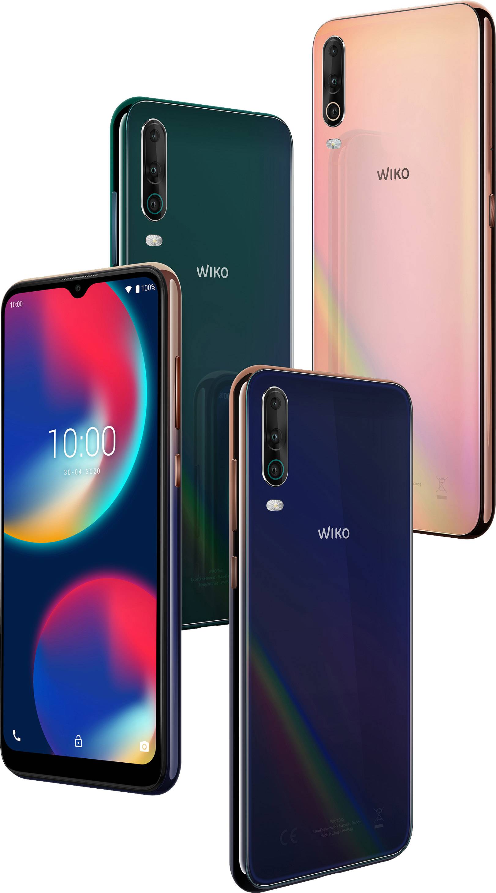 Cztery smartfony Wiko w różnych kolorach: zielonym, różowym i niebieskim. Przód wyświetla ekran z godziną '10:00'.