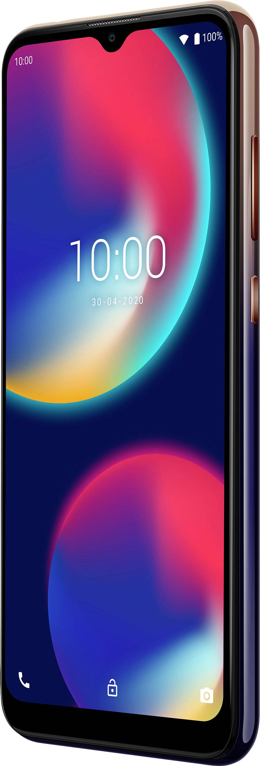 Smartfon z kolorowym tłem na ekranie i godziną '10:00'. Posiada cienkie ramki i jest ustawiony pod kątem.