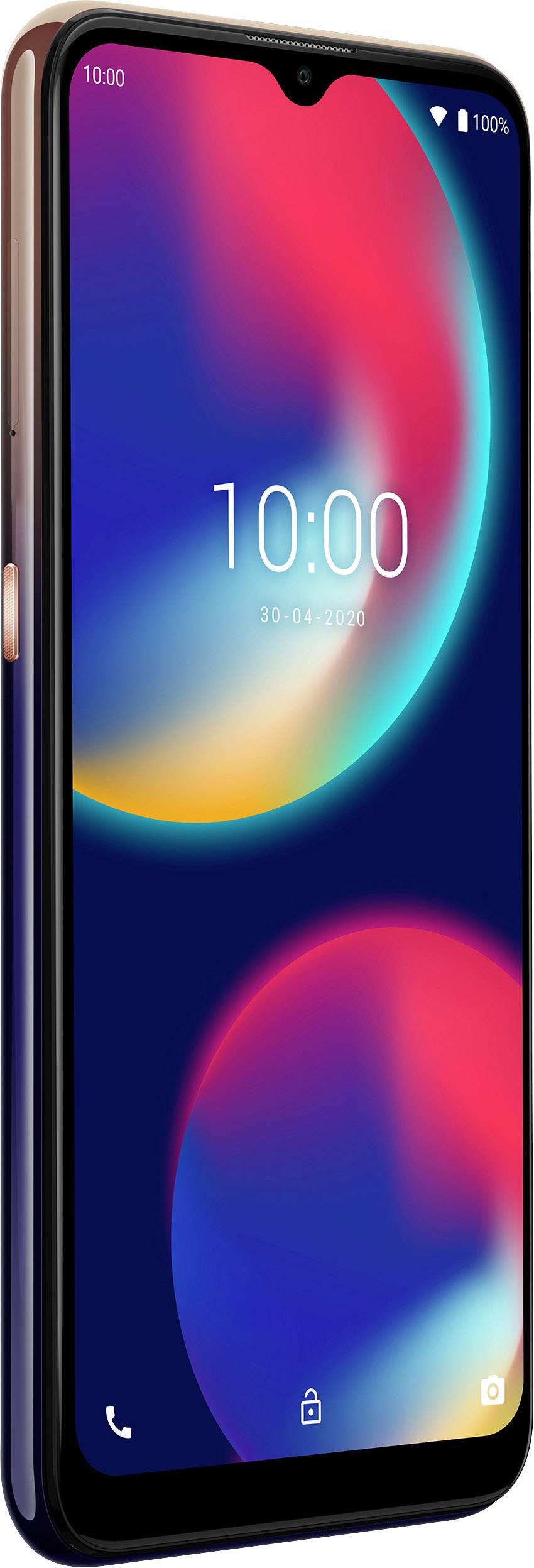 Smartfon z kolorowym ekranem wyświetlającym godzinę '10:00'. Data widoczna u dołu, cienka ramka i stonowane kolory.